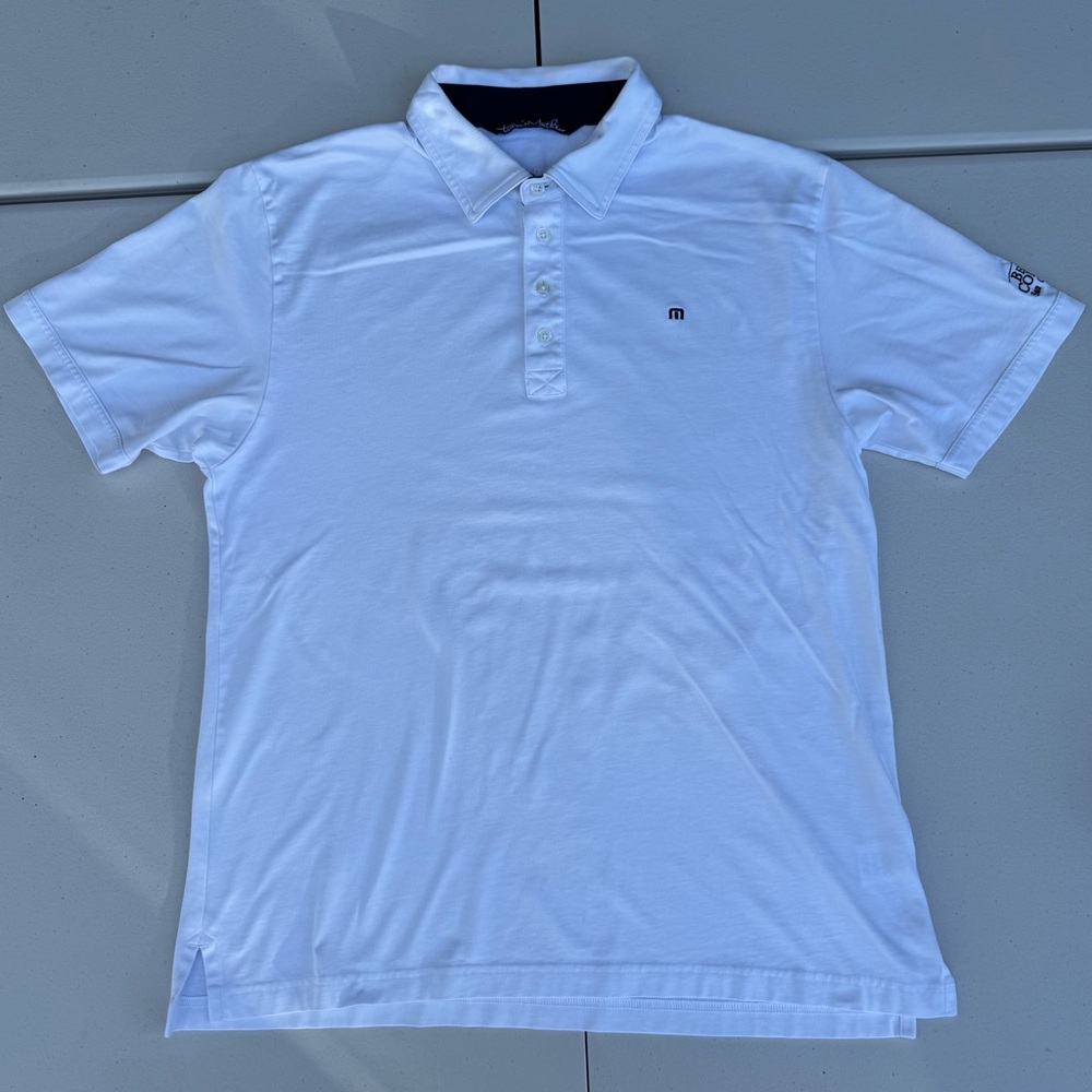 Travis Mathew White Men’s Golf Polo Shirt Size (L) 4-Button, Logo on Left Sleeve